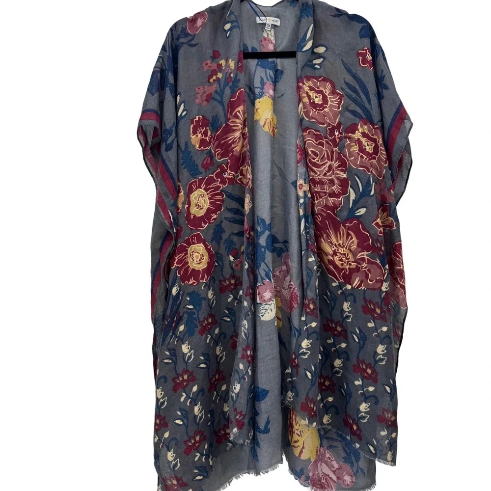 Woven Heart Floral Kimono Cardigan One‎ Size Gray Red Blue Boho Lightweight